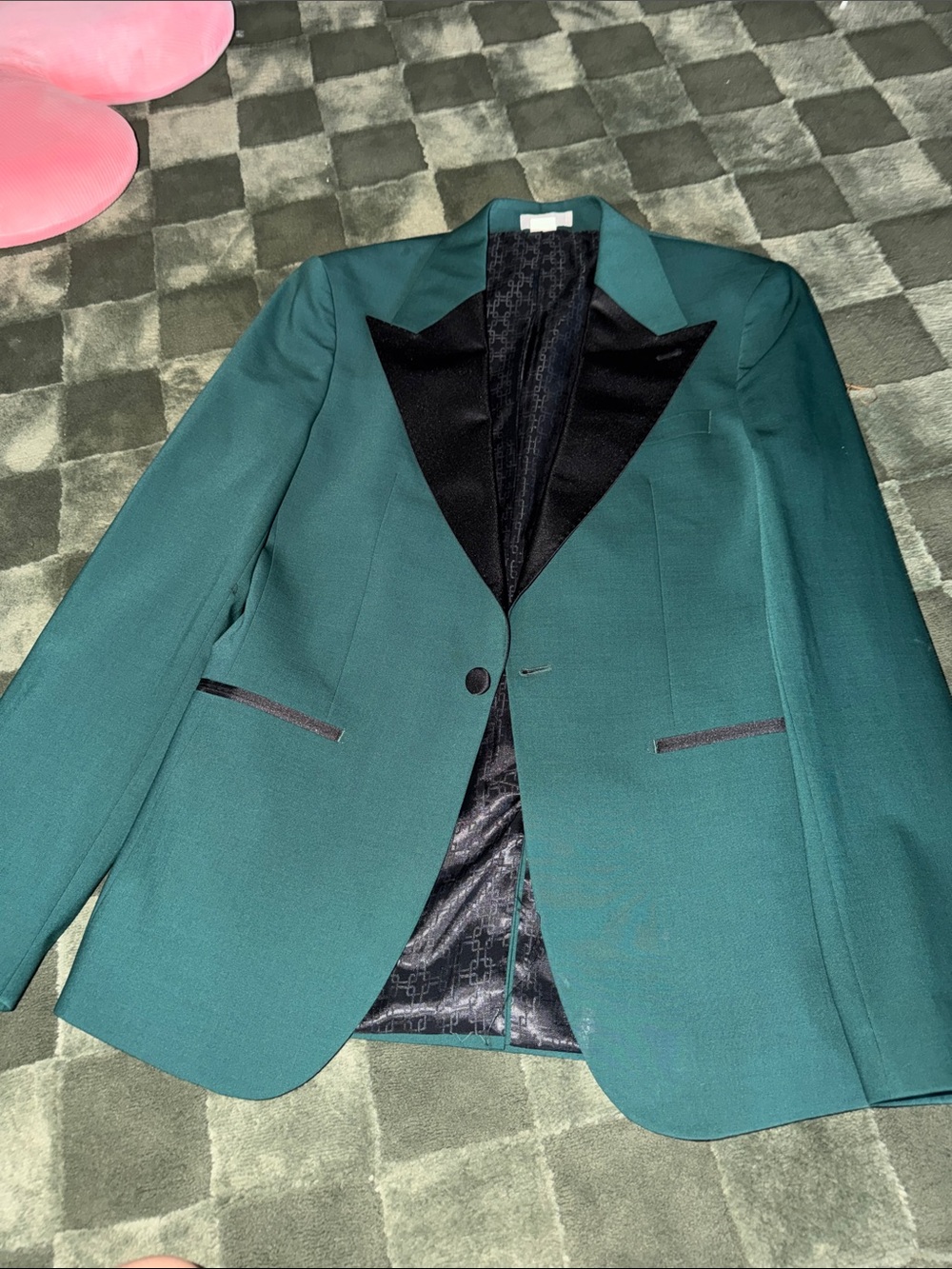 Express Teal Green Tuxedo Jacket with Black Satin Peak Lapel